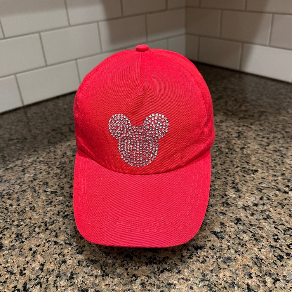 Disney Mickey Mouse Rhinestone Baseball Cap Hat Adjustable Red Cotton Sparkle